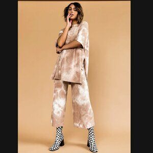 Dressed in LALA Lex Ribbed Playsuit in Iced Latte Tie Dye